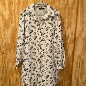 White Button-Up Dress with Black Western Print